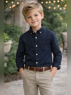 Level Ten Boys Small 8 Button Down Shirt Navy Blue Pattern Long Sleeve